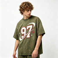 T-shirt Oversize Vintage Lavé avec Imprimé Graphique 97, Coton Épais, Ourlet Effiloché, Style Streetwear pour Homme, Haut Décontracté d'Été
