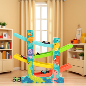 Детская деревянная игрушка-машинка: четырехуровневая горка-лестница, разноцветная деревянная гоночная трасса, развивающая игрушка для детей - Product Image 2