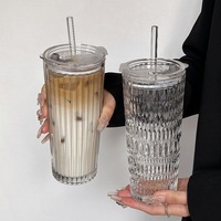 Gobelet à paille à grande capacité avec tube d'aspiration et couvercle, portable, moderne, minimaliste, pour usage au bureau, en verre transparent, pour thé au lait, café, jus