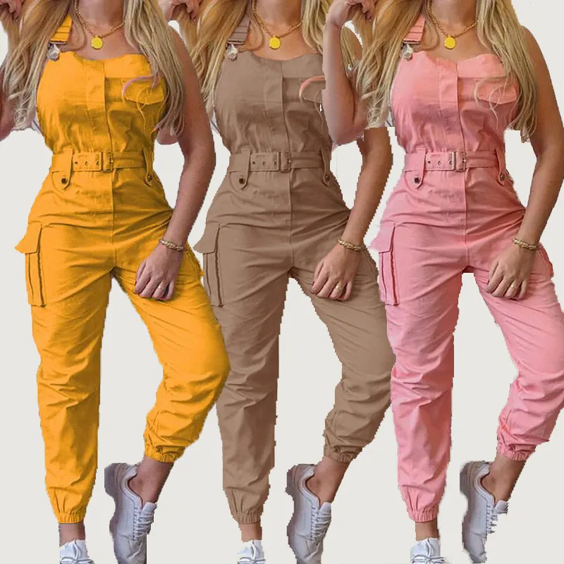 Plus Size XXXL Women's Cargo Pants One Piece Belt Overalls For Women Zipper Bodysuit Ankle Banded Pants Casual Jogger Pants