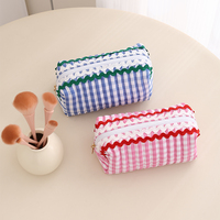 Pochette de toilette à carreaux Gingham avec bordure Rick Rack, forme boîte, organiseur de voyage pour femmes