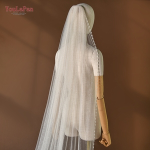 Voile de mariée cathédrale de luxe YouLaPan V179 fait main avec perles, maille scintillante monocouche <span class=keywords><strong>et</strong></span> peigne à cheveux en métal - Product Image 2