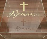 Boîte de baptême en acrylique transparente sur mesure avec autocollant en feuille