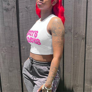 خطابات فروي مضلع تانك قمم المحاصيل النساء س الرقبة بلا أكمام ضئيلة Y2K الشارع الشهير أزياء تيشيرتات سترات الصيف المحملات - Product Image 4