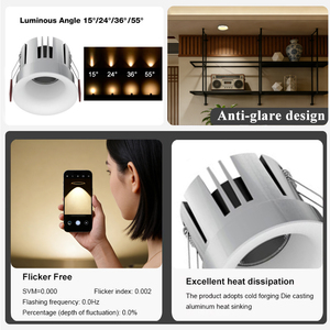 ไฟดาวน์ไลท์ LED ฝังฝ้าเพดานคุณภาพดี 7W 10W <span class=keywords><strong>สมา</strong></span>ร์ท CCT COB ปรับได้ ไร้ขอบ ป้องกันแสงสะท้อน Tuya SAA - Product Image 2