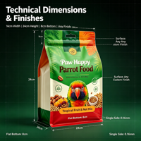 Sachet alimentaire personnalisé à 8 soudures latérales avec fermeture éclair, fond plat, haute barrière, scellage robuste, en feuille d'aluminium de qualité alimentaire pour aliments pour oiseaux et perroquets