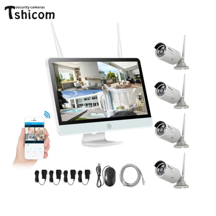 TSHICOM 4CH 1080P kablosuz 12 inç LCD monitör ekran NVR kitleri 2MP IR ev ses kayıt Wifi güvenlik ev kamerası sistemi
