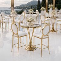 Table de cocktail de luxe en acier inoxydable argenté, plateau rond en verre, base en fil métallique, table de bar pour mariage, événement, fête, location, entreprise