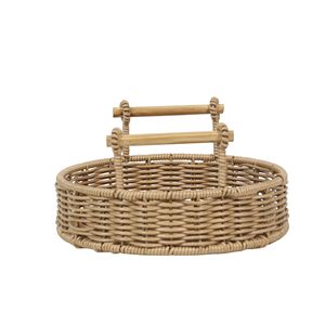 Panier de rangement pour collations et articles divers, avec poignée en bois, pour salon, style pastoral, rond, imitation rotin tressé - Product Image 5