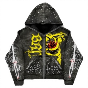 Sudadera con Capucha Negra para Hombre, Estilo Punk, Cierre Frontal con Cremallera, Diseño Estampado, Corte Holgado, Manga Regular, Tejido de Punto, 100% Algodón, Transpirable - Product Image 6