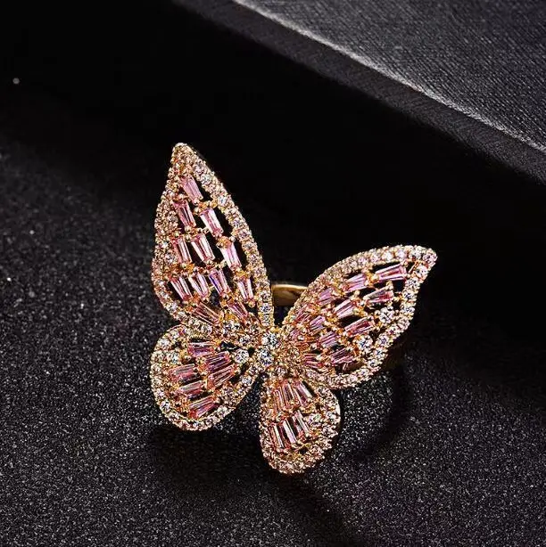 한국 트렌디 웨딩 쥬얼리 과장된 중공 조절 링 반짝이는 나비 여는 반지