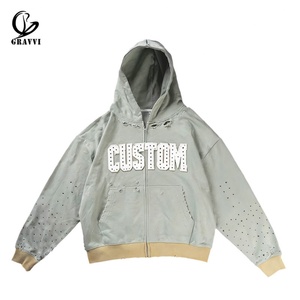 Sudadera con capucha de cremallera completa, personalizada con pedrería, efecto desgastado, oversize, estilo vintage streetwear, con parche bordado, OEM ODM, marca privada - Product Image 2