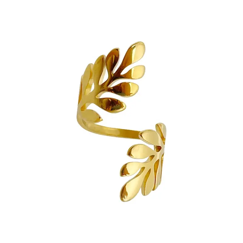 Cincin Wanita berbentuk daun baja tahan karat berlapis emas 18K cincin wanita tanpa pudar perhiasan grosir