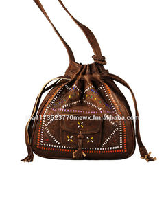 Biyadina's Moroccan Leather Unisex High Quality Handmade Duffle <b>Bag</b> with Drawstring Closure Customized Color & <b>Bucket</b> Shape - Product Image 4