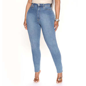 Vintage Washed Denim Blue Pencil Pants for Plus Size Women Skinny Fit Full-Length Ladies Denim <b>Trousers</b> <b>Summer</b> Mom Logo Waist XL - Product Image 1