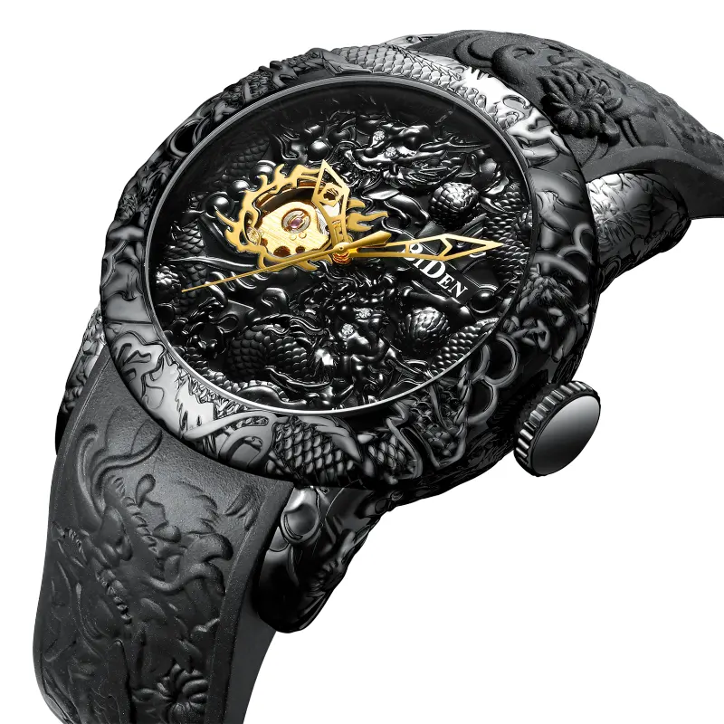 BIDEN Fashion Luxus Gold Dragon Sculpture Herren uhr Automatische mechanische wasserdichte Silikon armband Armbanduhr