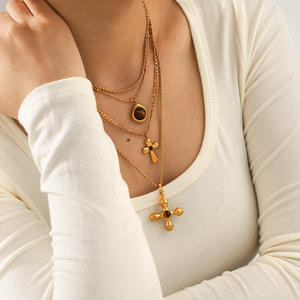 クロスペンダントネックレスステンレス18K金メッキ自然石セーターチェーンネックレス - Product Image 1