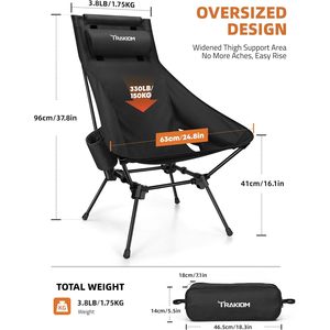 Chaise de camping pliante Trakiom à dossier haut, en aluminium noir et tissu Oxford, légère et portable, avec appui-tête réglable - Product Image 2