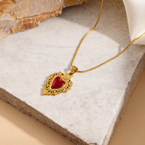 Colliers XL606 Cœur Sacré <span class=keywords><strong>en</strong></span> Émail Rouge Vintage, Bijoux <span class=keywords><strong>en</strong></span> Acier Inoxydable Anti-ternissement pour Femme - Product Image 4