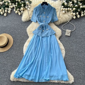 Robe plissée élégante chic française de qualité supérieure, couleur personnalisée, avec empiècements en dentelle, pour femmes - Product Image 3