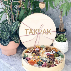 Custom Wooden Round Take Out Food Containers Veneer Cheese Platter Grazing Charcuterie Board Cake Bakery Christmas Gift Box