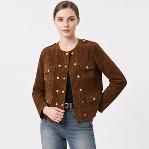 Chaqueta Bluson de Piel de Oveja para Mujer, Color Sólido, Ecológica, Antiarrugas, Auténtica, Marrón, Corta, con Botones Dorados y Bolsillos, de Lujo, para Otoño - Product Image 4