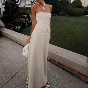 Robe longue décontractée d'été pour femme en coton et lin, sans bretelles et dos nu, collection OEM 2026 - Product Image 2