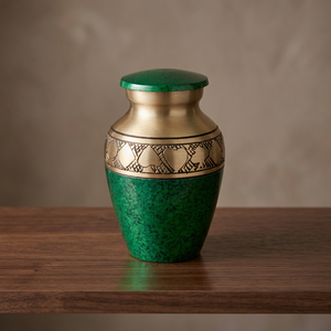 Urne funéraire en métal vert avec bande dorée et motif cœur pour cendres d'adultes - Product Image 2