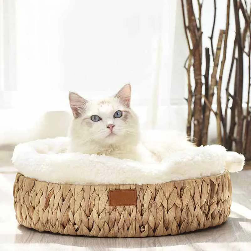 Grosir bantal hewan peliharaan buatan tangan tenun tempat tidur kucing nyaman anyaman desain sederhana tempat tidur nyaman untuk hewan peliharaan kucing anjing