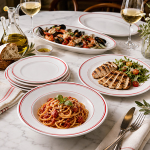 Assiettes à dîner en porcelaine de <span class=keywords><strong>style</strong></span> européen avec logo personnalisé, vente en gros, ensembles d'assiettes en céramique, bord rouge, <span class=keywords><strong>style</strong></span> <span class=keywords><strong>bistrot</strong></span>, pour restaurants et hôtels - Product Image 4