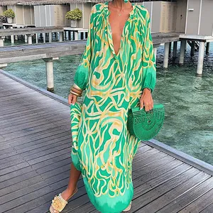 Summer Sexy Deep V-Neck Long Sleeve Boho Print Long Dresses Female Beach Cover Up