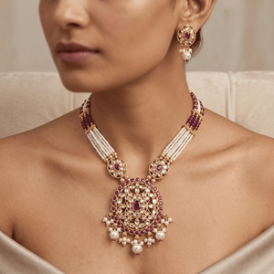 Royal <b>Ruby</b> Red Kundan Pendant Pearl Mala <b>Necklace</b> Gold Plated Beaded Long Haram Matching Earrings Traditional Bridal Wear - Product Image 4