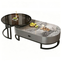 Table basse ovale de style luxueux en pierre frittée, esthétique minimaliste moderne pour petit appartement