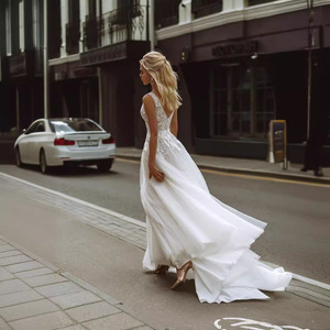 Wedding Dress A-Line Chiffon V-Neck Empire Waist Backless White Bridal Gown - Product Image 4