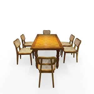 Ensemble de salle à manger en bois massif au style campagnard français, comprenant quatre chaises en rotin naturel au charme classique. - Product Image 1