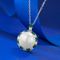 Collier pendentif en perle d'eau douce de 12 mm, argent sterling 925, halo vert CZ, plaqué or rhodié, bijoux vintage pour femmes