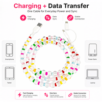 Câble de charge USB Type C 3-en-1 avec perles transparentes colorées, design mignon et tendance