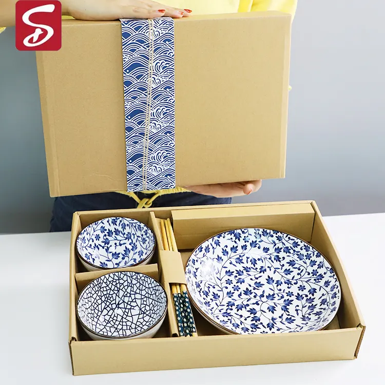 Conjunto de talheres de cerâmica para sushi, conjunto de louças para casamento, aquecimento doméstico, jantar, 2 tigelas, 2 pares de caixa de presente