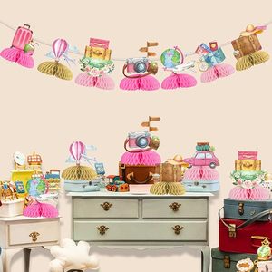 ชุดตกแต่งโต๊ะธีมการเดินทาง 8 ชิ้น รูปทรงรังผึ้ง สีชมพู สำหรับงานปาร์ตี้  "ให้การผจญภัยเริ่มต้น" ของตกแต่งโต๊ะวันเกิด - Product Image 5