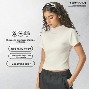 <span class=keywords><strong>T</strong></span>-<span class=keywords><strong>shirt</strong></span> court à col montant en coton respirant pour femme, 260G, style Spicy Girl, manches courtes, couleur unie, idéal pour l'é<span class=keywords><strong>t</strong></span>é - Product Image 1