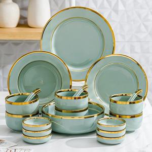 Gold Green Ceramic Bowl Plate <b>Dinnerware</b> <b>Set</b> Lightweight Luxurious Gold Edged Reusable Customized Color Creative - Product Image 2