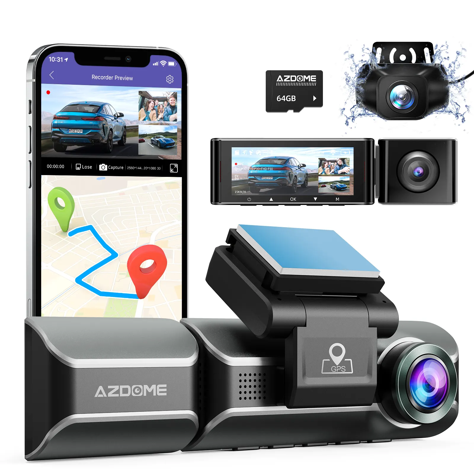 AZDOME-Videocámara para coche, cámara de salpicadero con lente de visión nocturna, 3 CANALES, DVR, Wifi, GPS, 3 cámaras, 4K, 2 unidades