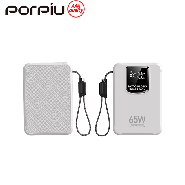 PD 65W/20W 15000mAh Power Bank with Built-in USB Type-C Fast-Charging Cable ABS Fire-Resistant Material Custom Logo Available