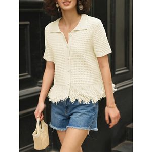 Cárdigan de ganchillo personalizado para mujer, manga corta, con flecos, cuello con botones, suéter, blusas bohemias para vacaciones de verano - Product Image 2
