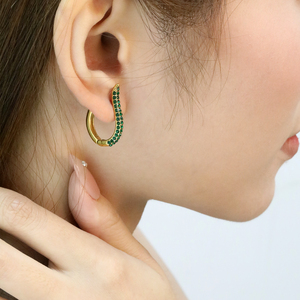 18K Gold Plated Stainless Steel U-Shaped <b>Green</b> CZ Huggie <b>Earrings</b> Women Minimalist Geometric Arc Design Hypoallergenic - Product Image 1