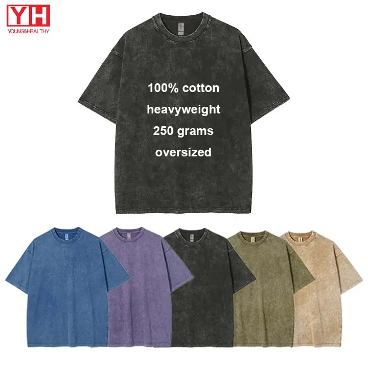 High Quality Blank O-Neck 250g Cotton Wash T-shirt HeavyWeight Tshirt Custom Print Washed Vintage Acid Wash T Shirt Oversize Men