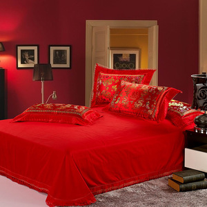 Tinh Khiết Cotton Chất Lượng Mùa Thu Đám Cưới Bảy Mảnh Kit Len Đầy Lớn Màu Đỏ Chăn Bìa Bộ Đồ Giường Với <span class=keywords><strong>Satin</strong></span> - Product Image 4