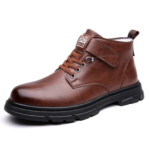 Bottes d'hiver pour hommes en cuir marron chaudes et imperméables à tige haute - Product Image 5