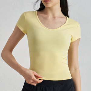 Haut de yoga à manches courtes à séchage rapide pour sports d'été, col rond, coupe ajustée, respirant, pour l'entraînement, la course, le fitness, les activités de plein air, blanc pour femme - Product Image 4