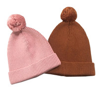 Logotipo personalizado 100% algodón Color sólido invierno acanalado tejido niños niño recién nacido bebé gorros con pompón
